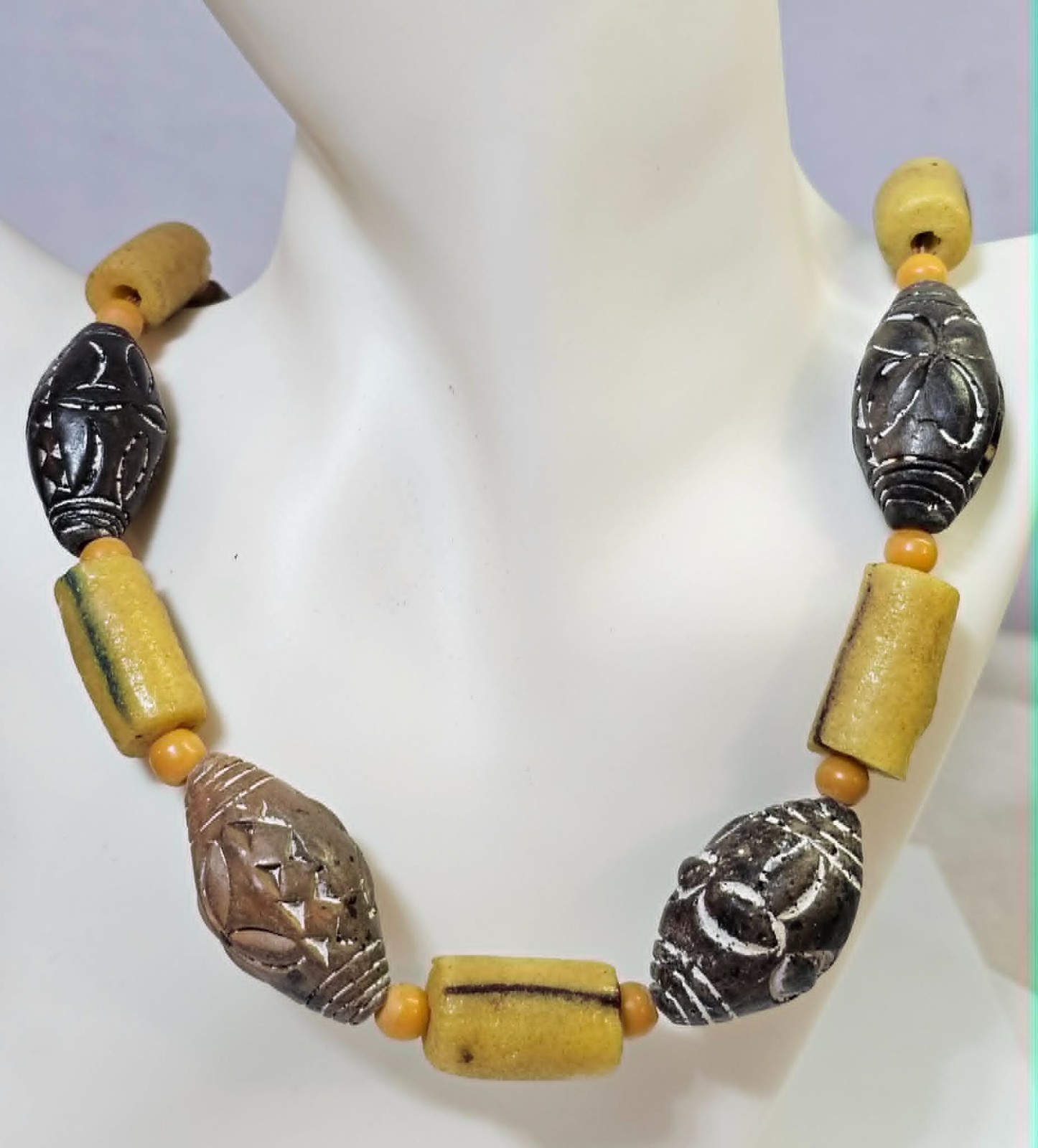 Tibetan Dzi/ African Trade? Necklace Large Yellow Glass Brown Ceramic Beads Boho