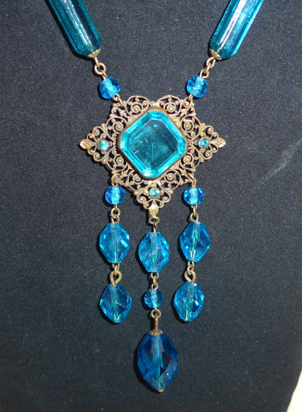 Vtg Czech Czechoslovakia Art Deco Blue Glass Crystal Brass Necklace 18″