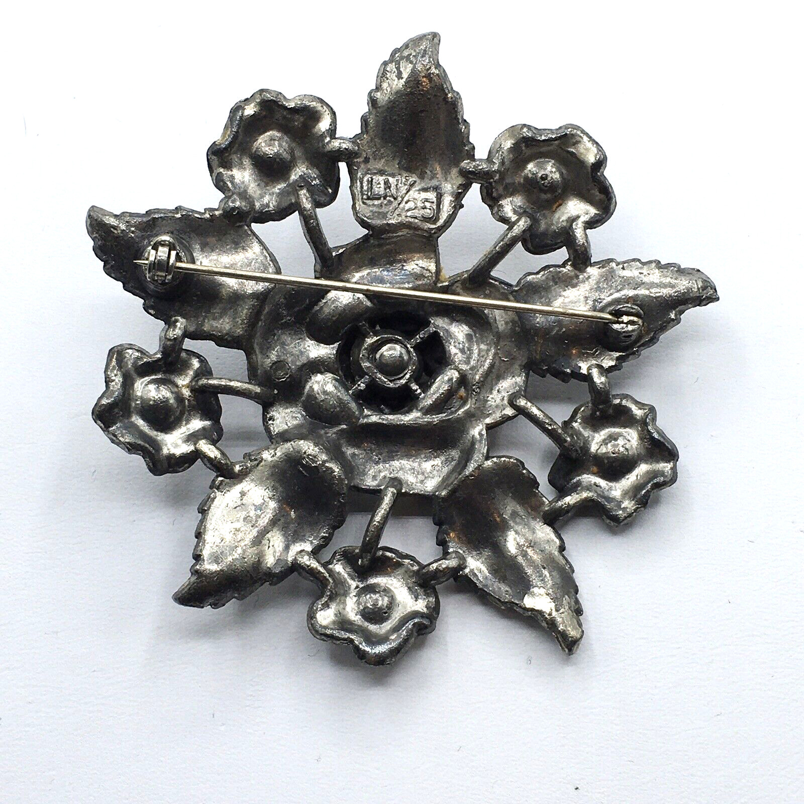 Antique LN Little Nemo Large Floral Flower Orange Rhinestone Brooch Pin