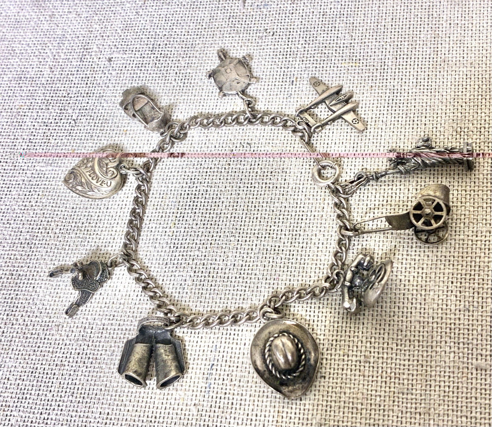 Vintage Sterling Silver Charm Bracelet Western Travel Charms 22g