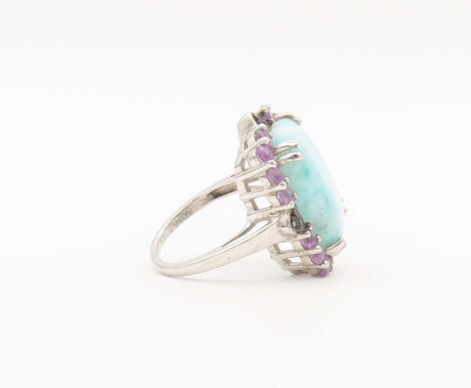 925 Sterling Silver Vintage Ring Larimar Halo Amethyst Sapphire Sz 6 RG27906