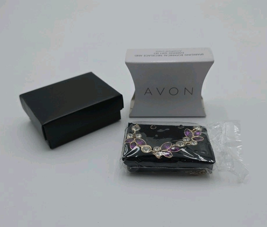 Avon Gold Color Botanical Necklace & Earring Gift Set Amethyst Color NWB