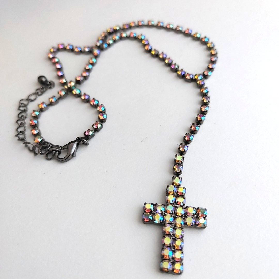Vintage Y Drop CROSS Rhinestone Necklace AB Cup Chain Choker Gunmetal 14” to 17”