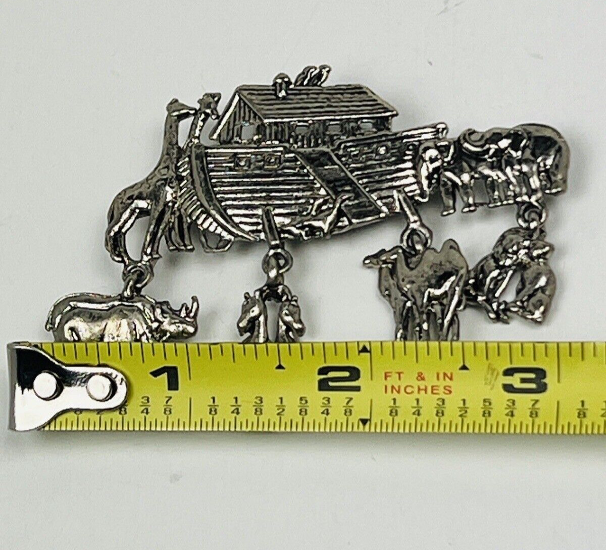 Vintage Silver Tone Large Noah’s Ark Charm Dangle Pin Brooch Animals