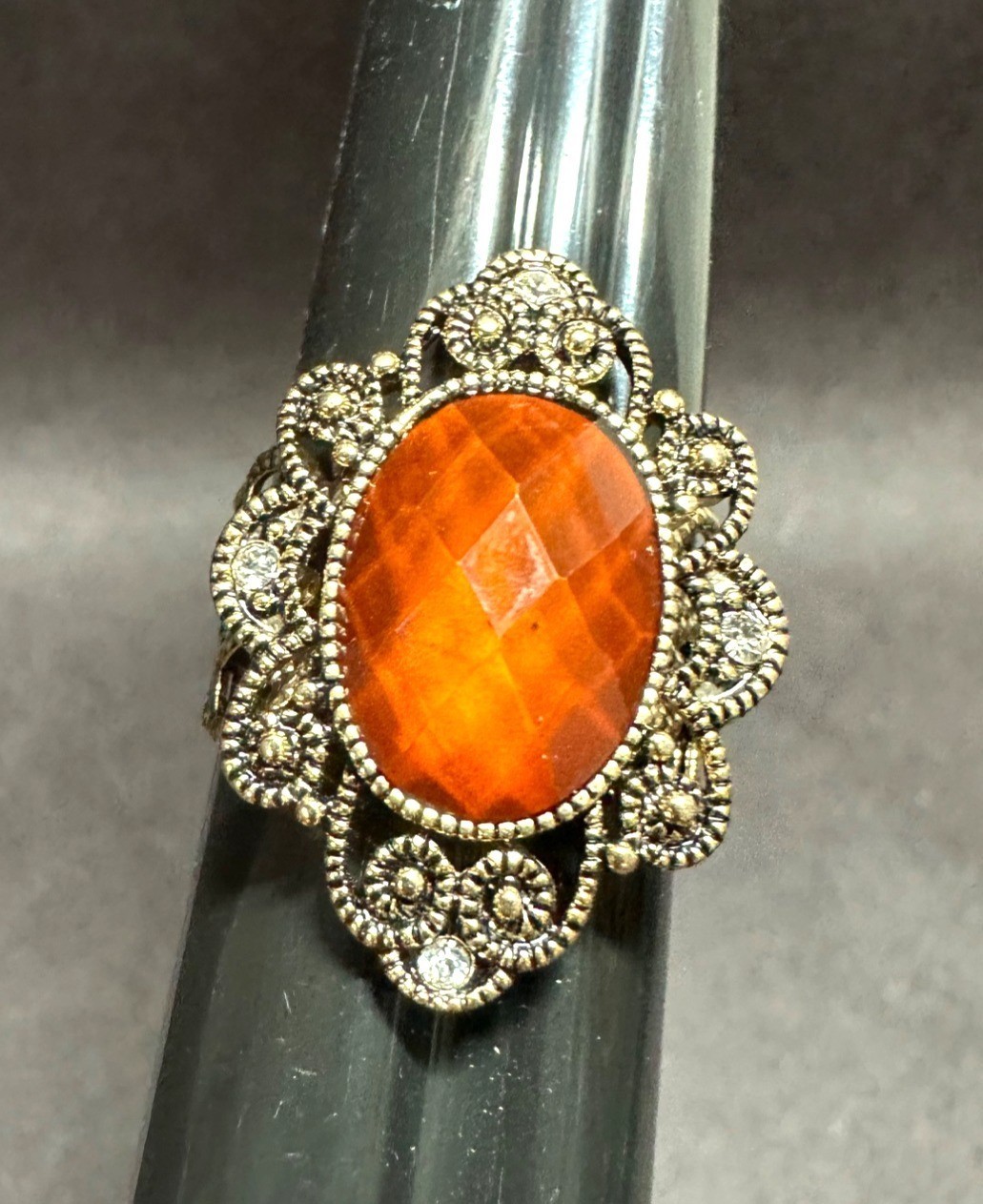 Goldtone Filigree Ring Faceted Faux Orange Stone Adjustable