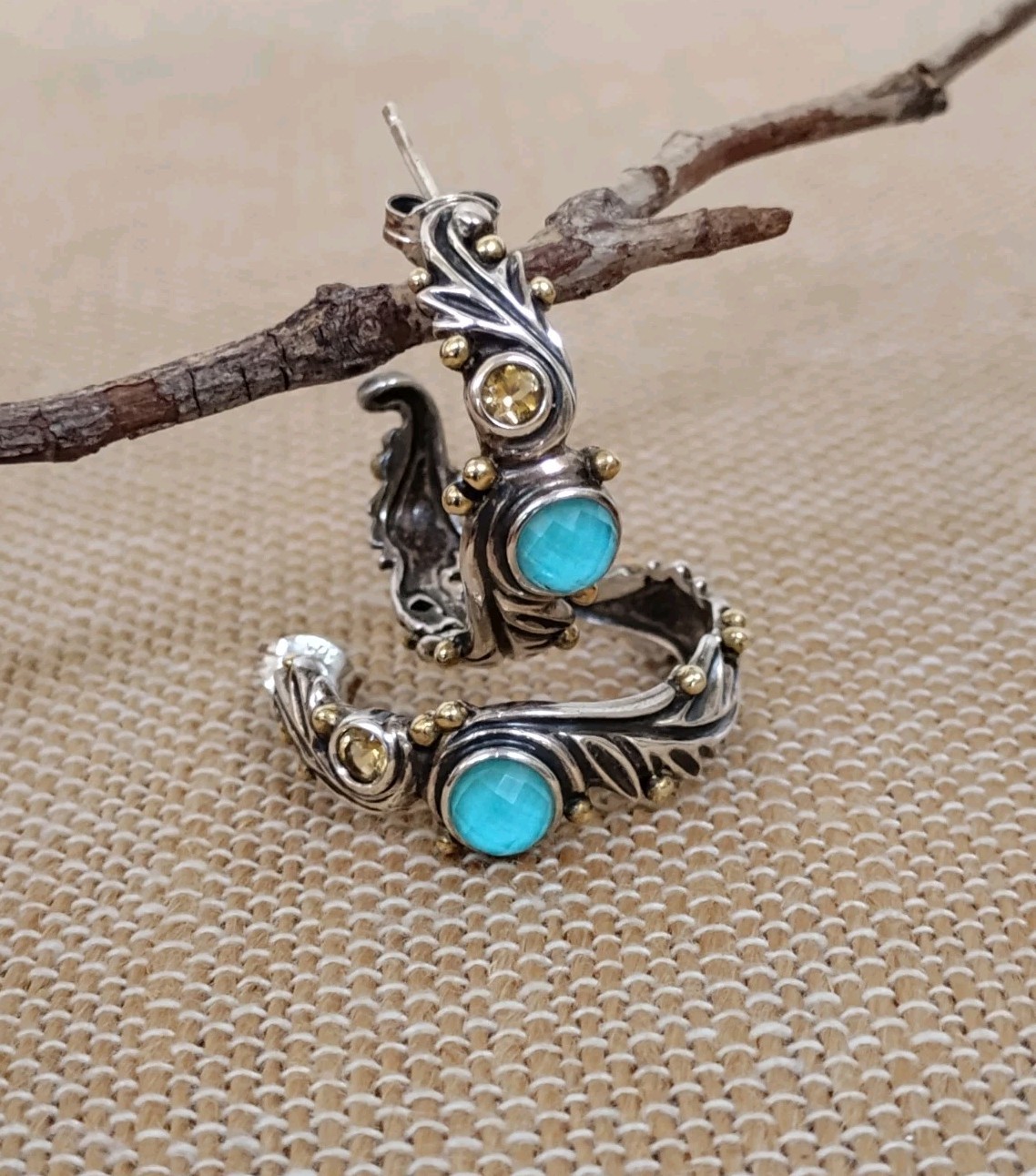 Rare Echo of the Dreamer Sterling Silver Bronze Turquoise Citrine Hoop Earrings