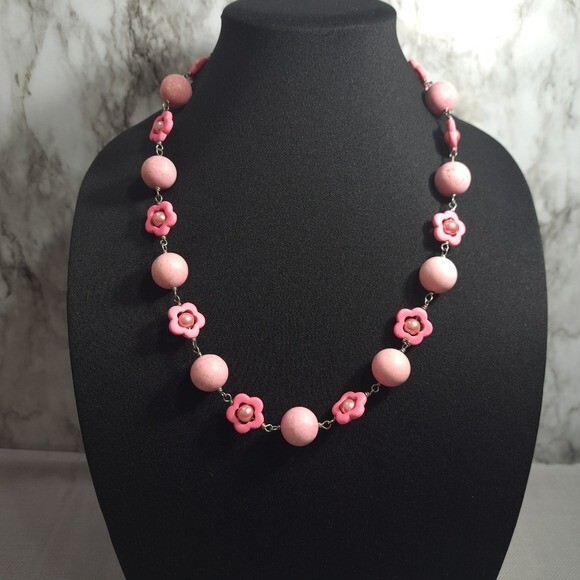 Vintage Handmade Women’s Necklace Pink Cotton Candy Natural Stones, Faux Pearls