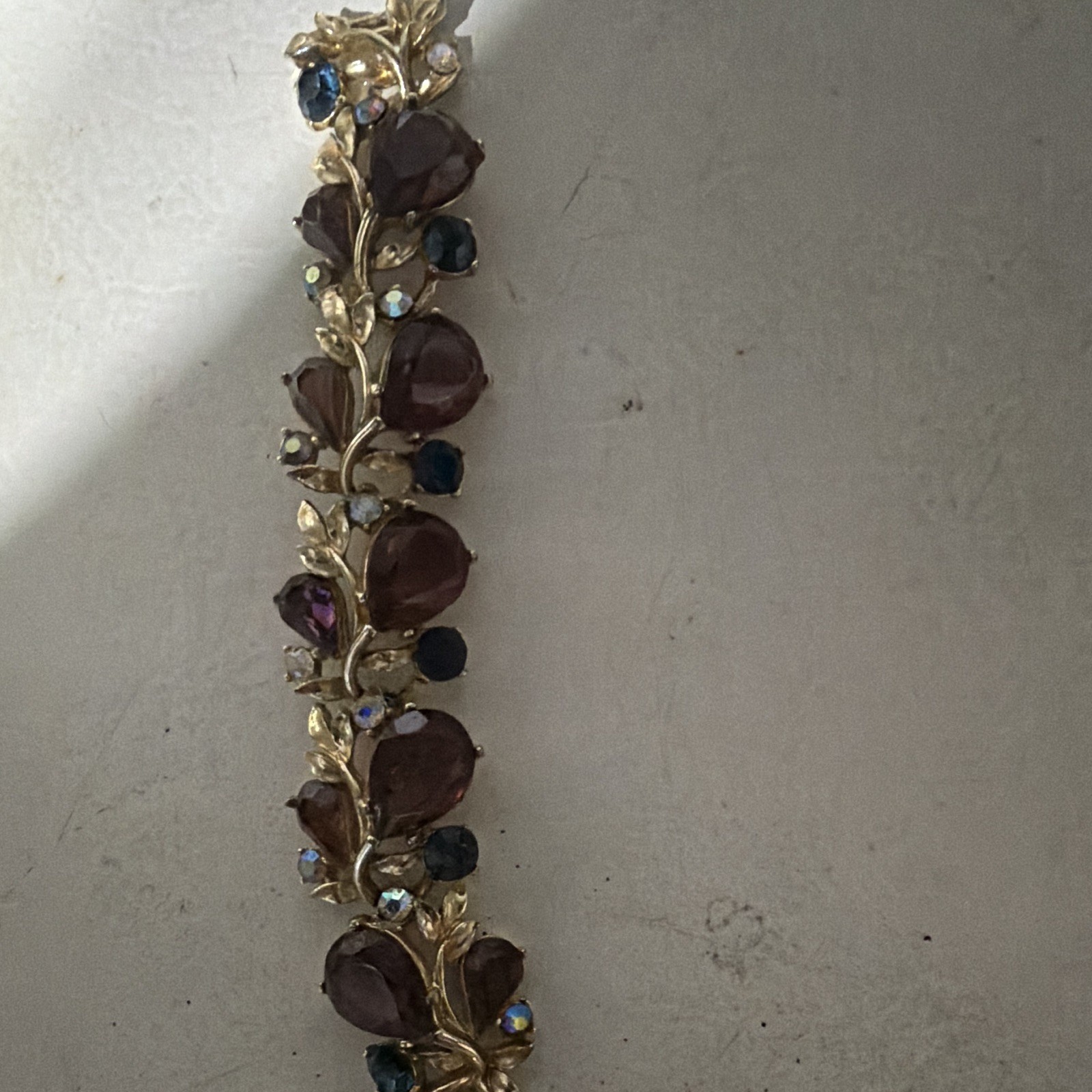 Gold Tone Floral Leaf Link Bracelet Purple Teardrop Rhinestones Blue, Box Clasp