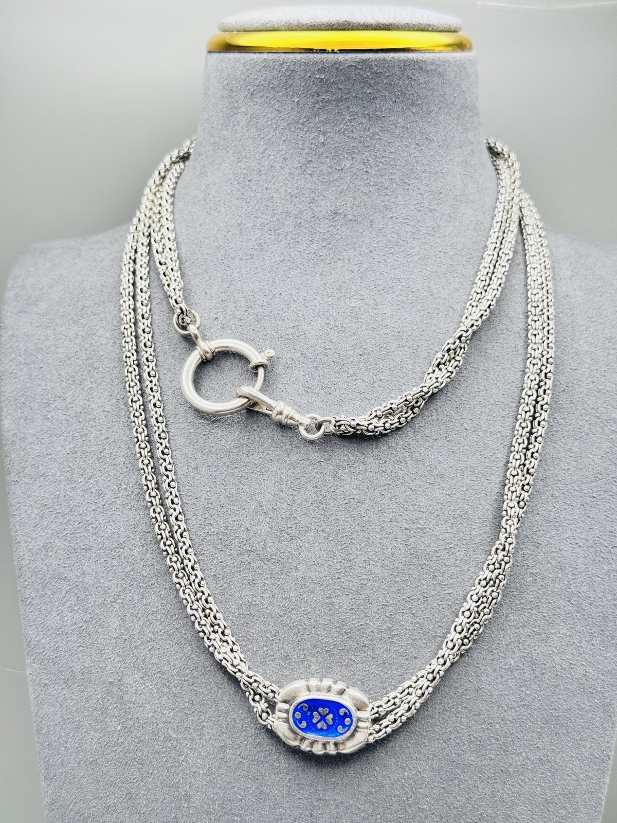 Antique Sterling Silver Fancy Long Watch Guard Chain Necklace Enamel Slide 60″
