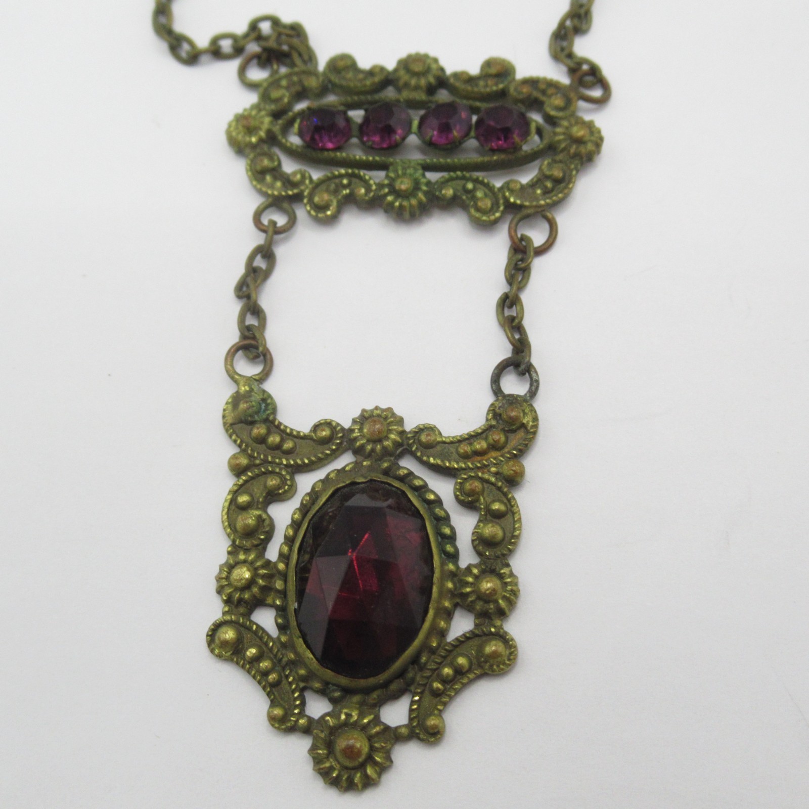 Art Deco Purple Glass Necklace Brass Vintage Floral