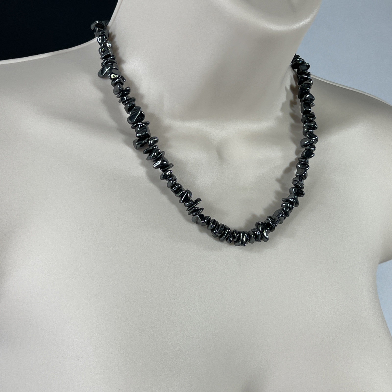Tumbled Hematite Beaded Necklace Vintage Natural Chip 17″