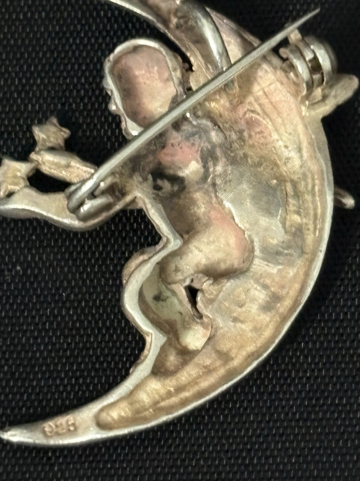 Vintage Sterling Silver Brooch Pendant Cherub Crescent Moon Celestial 8g 1.5”
