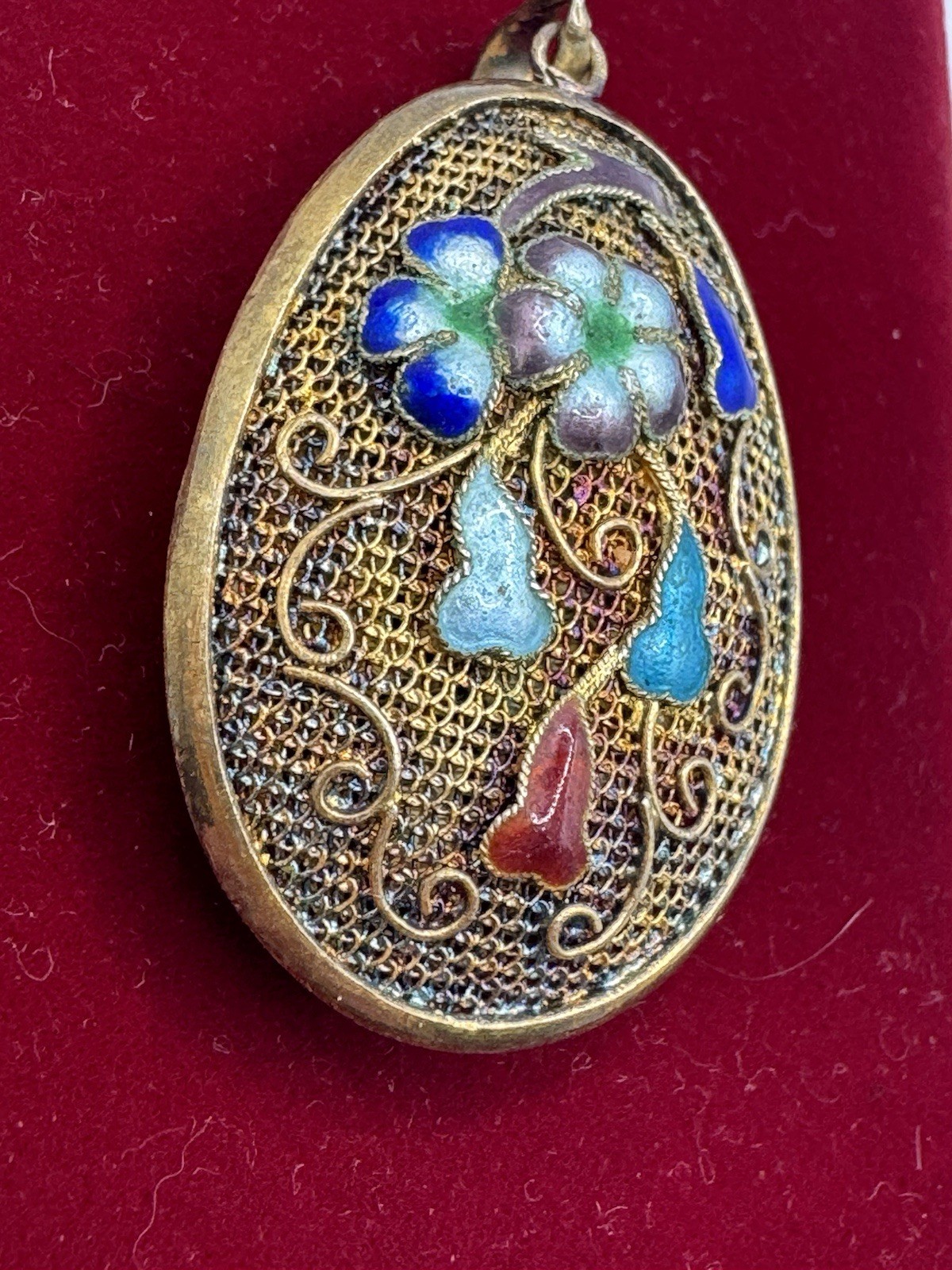 Chinese Export Vintage Silver Multi Color Enamel Flower Pendant Large Sterling