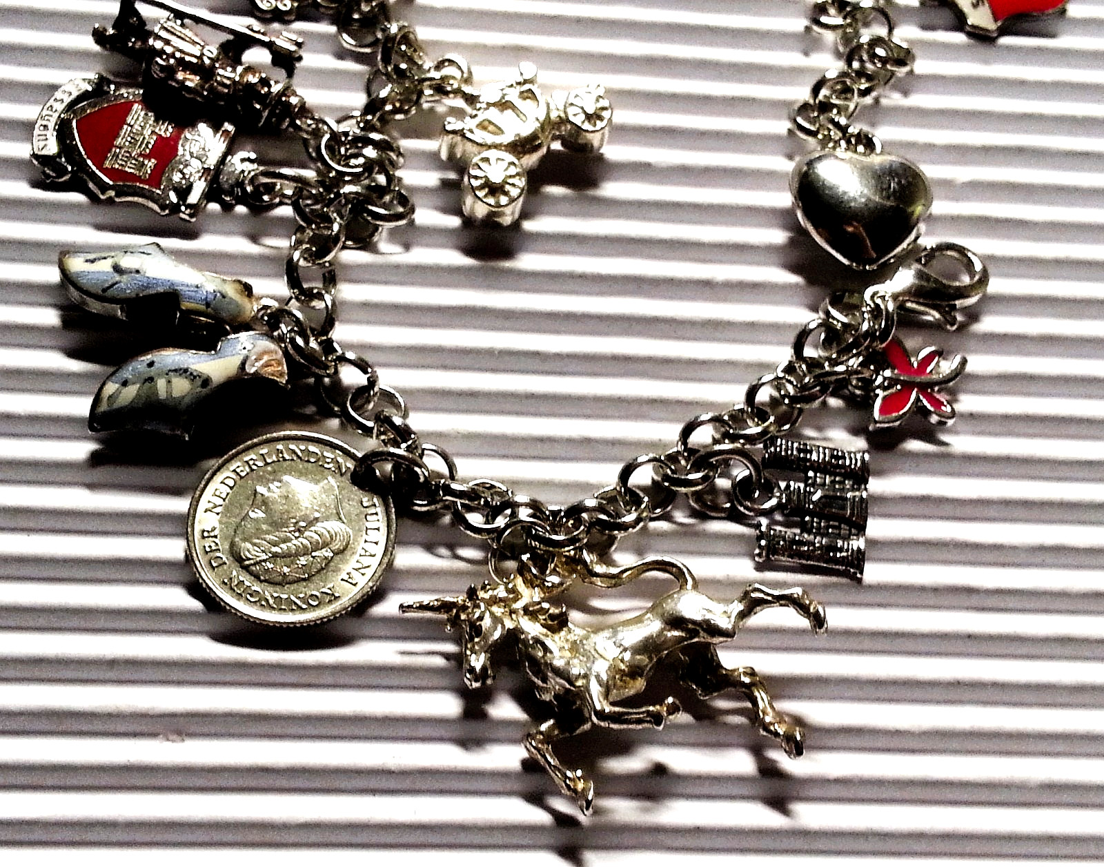 International Travel Sterling Silver Charm Bracelet & 16 Charms, 925-800 Silver