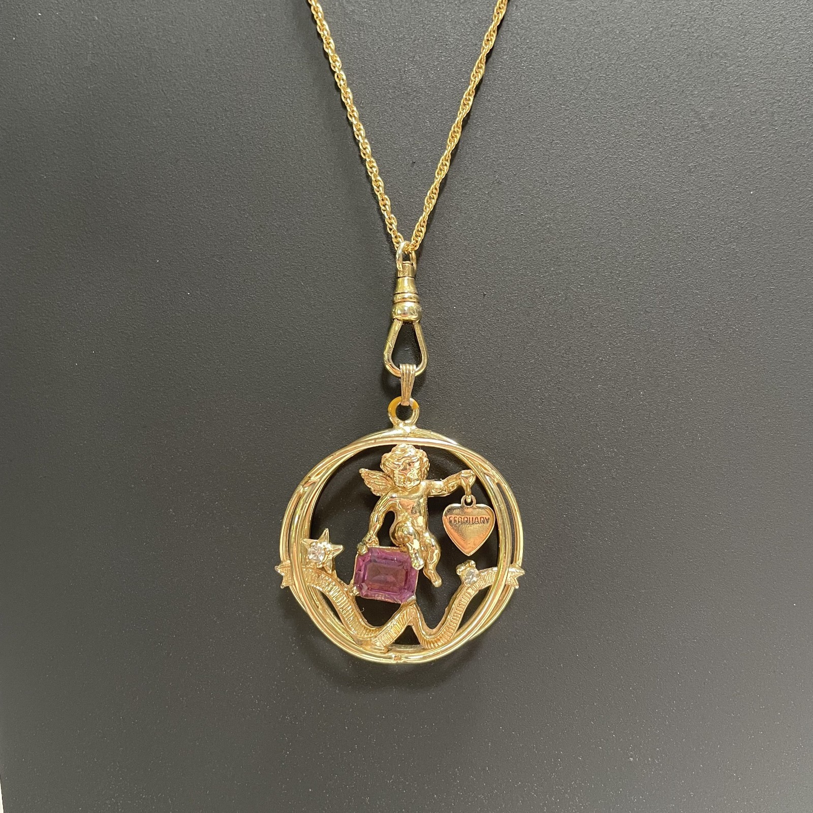 Vintage Coro February Pendant Necklace Gold Tone Cherub Glass Garnet Rhinestone