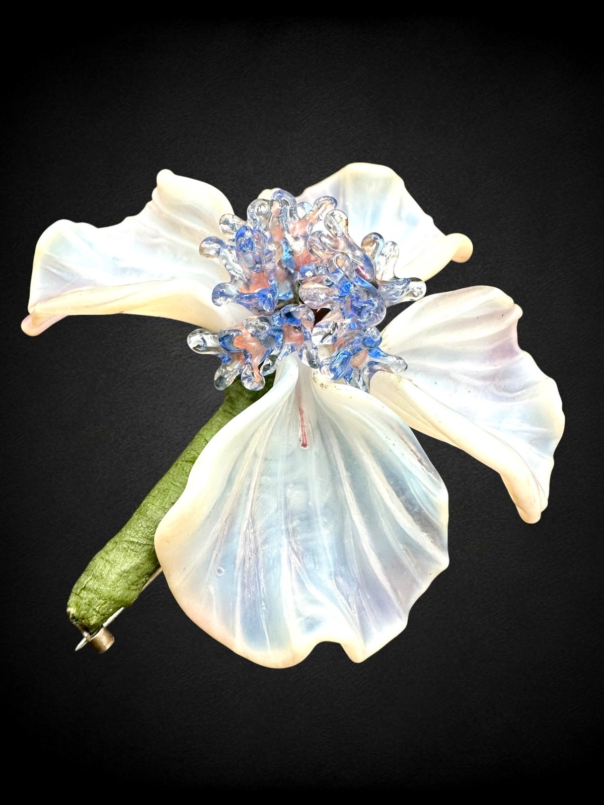 Large French Studio Art Glass Orchid Flower Brooch Opalescent Petals Lampwork