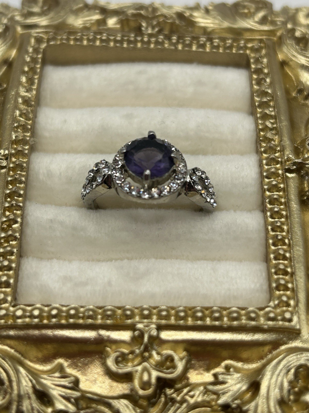 Silver Tone Purple Amethyst Halo Statement Ring Size 8.5 Vintage Costume Jewelry