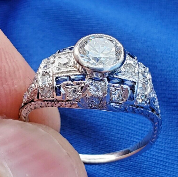 Original EARTH MINED DIAMOND Deco Engagement Ring Platinum Sapphire Solitaire 6