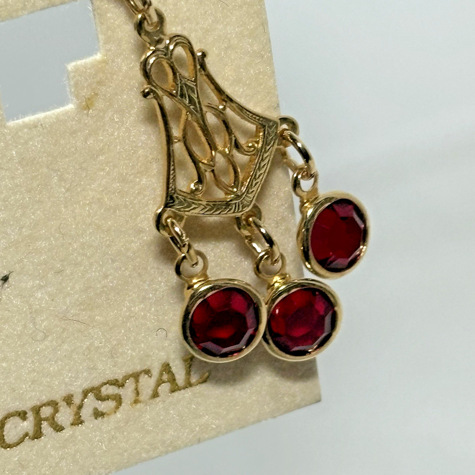 NOS Red Bezel Austrian Crystal Chandelier Earrings Pierced Post Dangle VTG 2.25″