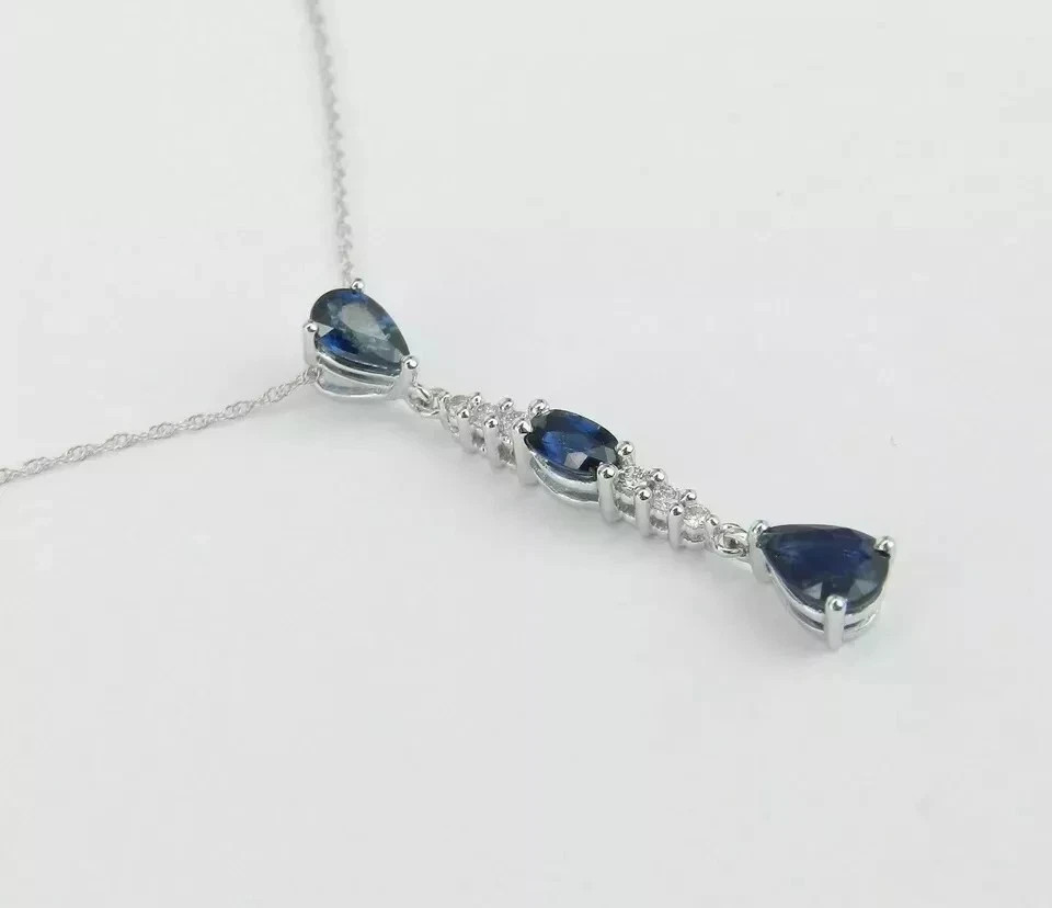 Art Deco Style Lab Created Sapphire & Diamond Wedding 14K White Gold FN Pendant