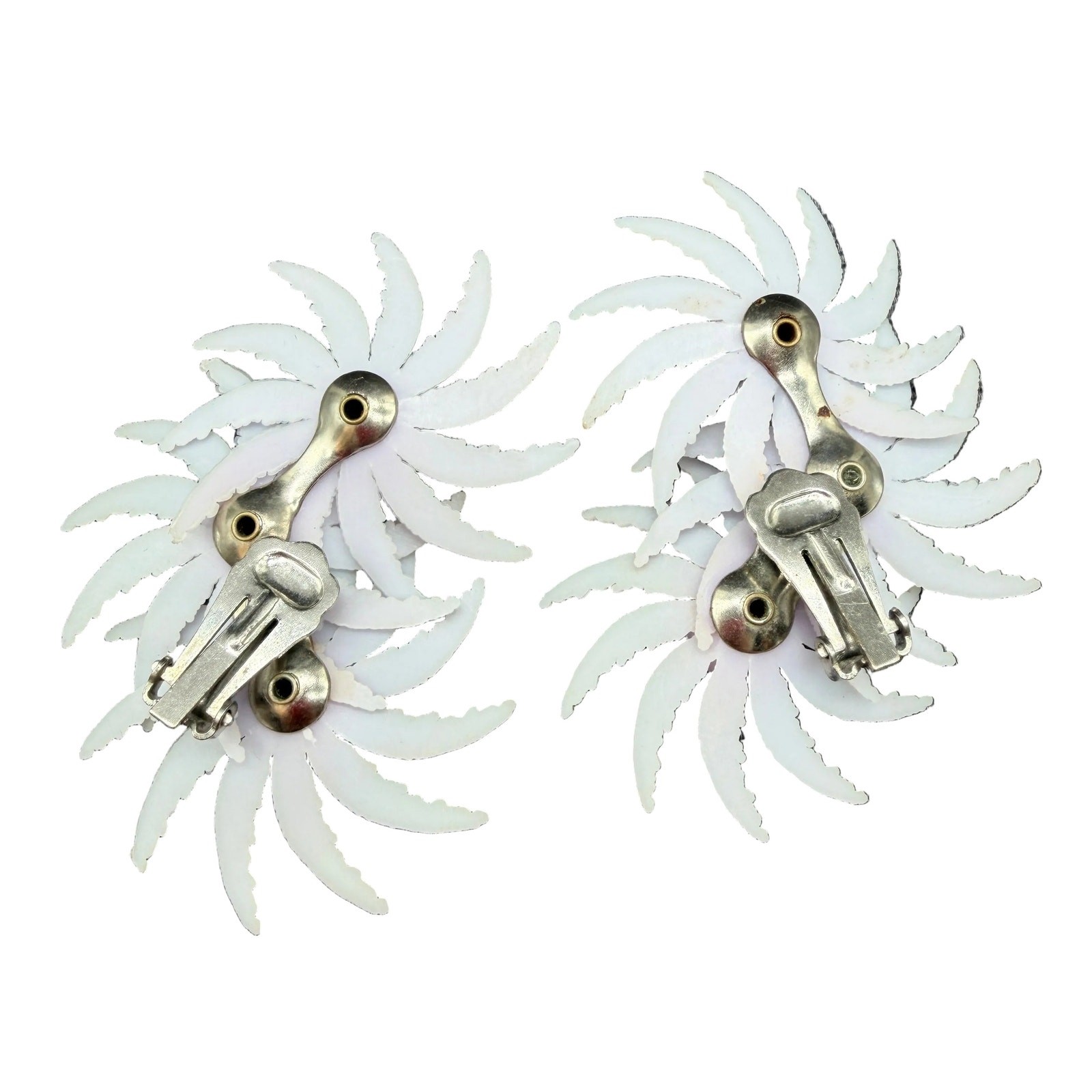 1950s Lavender Plastic Triple Floral Ear Climber Clip Earrings with Rhinestones