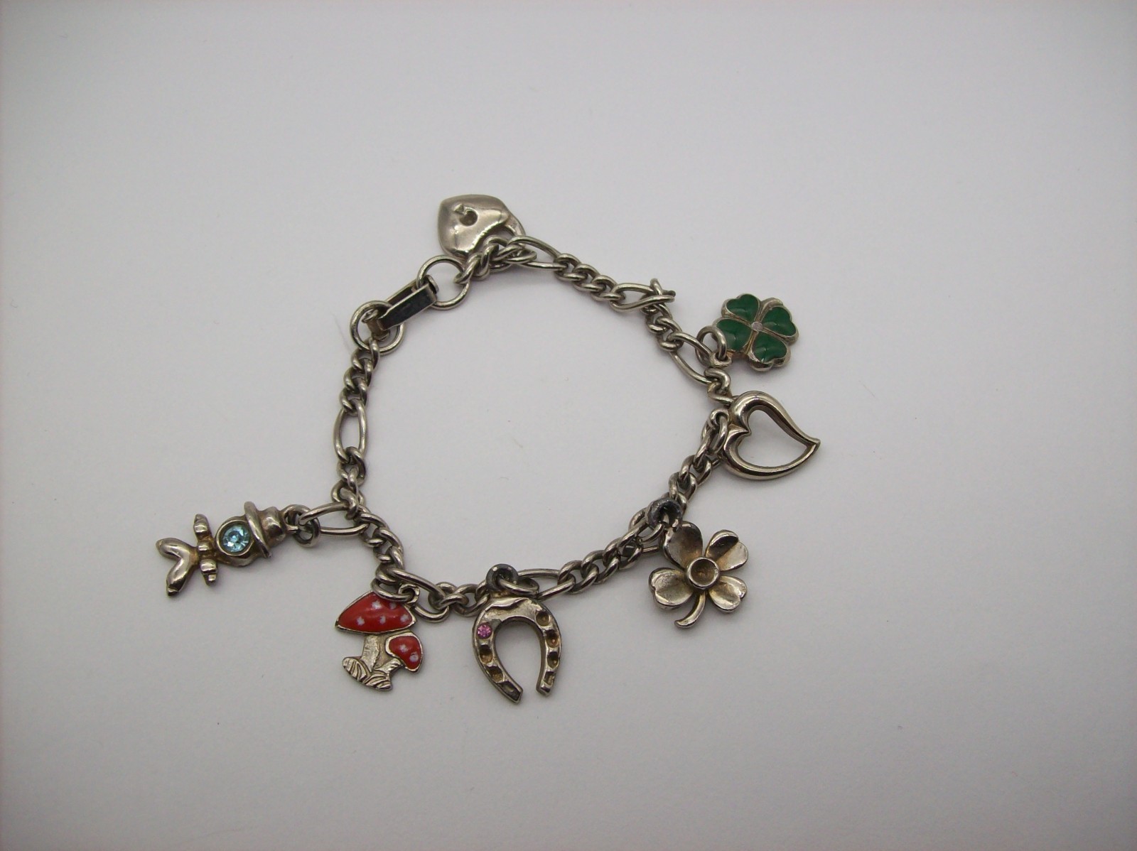 Vintage Silvertone Mix GOOD LUCK Charm Bracelet, Enamel, some made in Germany