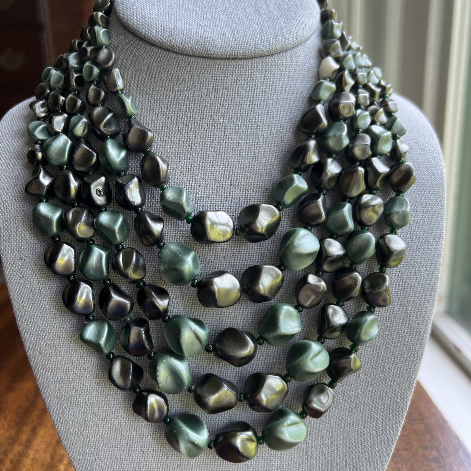 Rare Vintage 5 Strand Faux Stone Gray-Green Necklace; Beautiful!