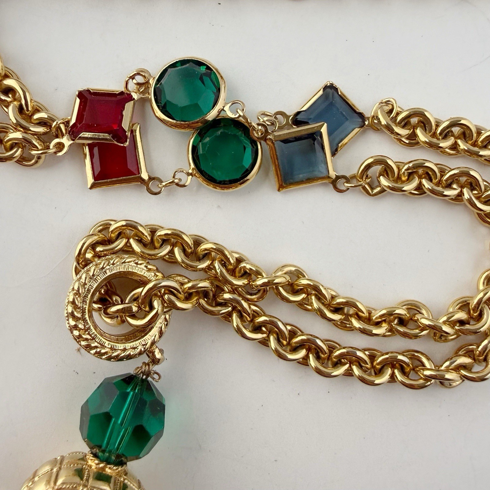 Vintage Swarovski Multicolor Bezel Set Crystal Tassel Chain Necklace FLAWS