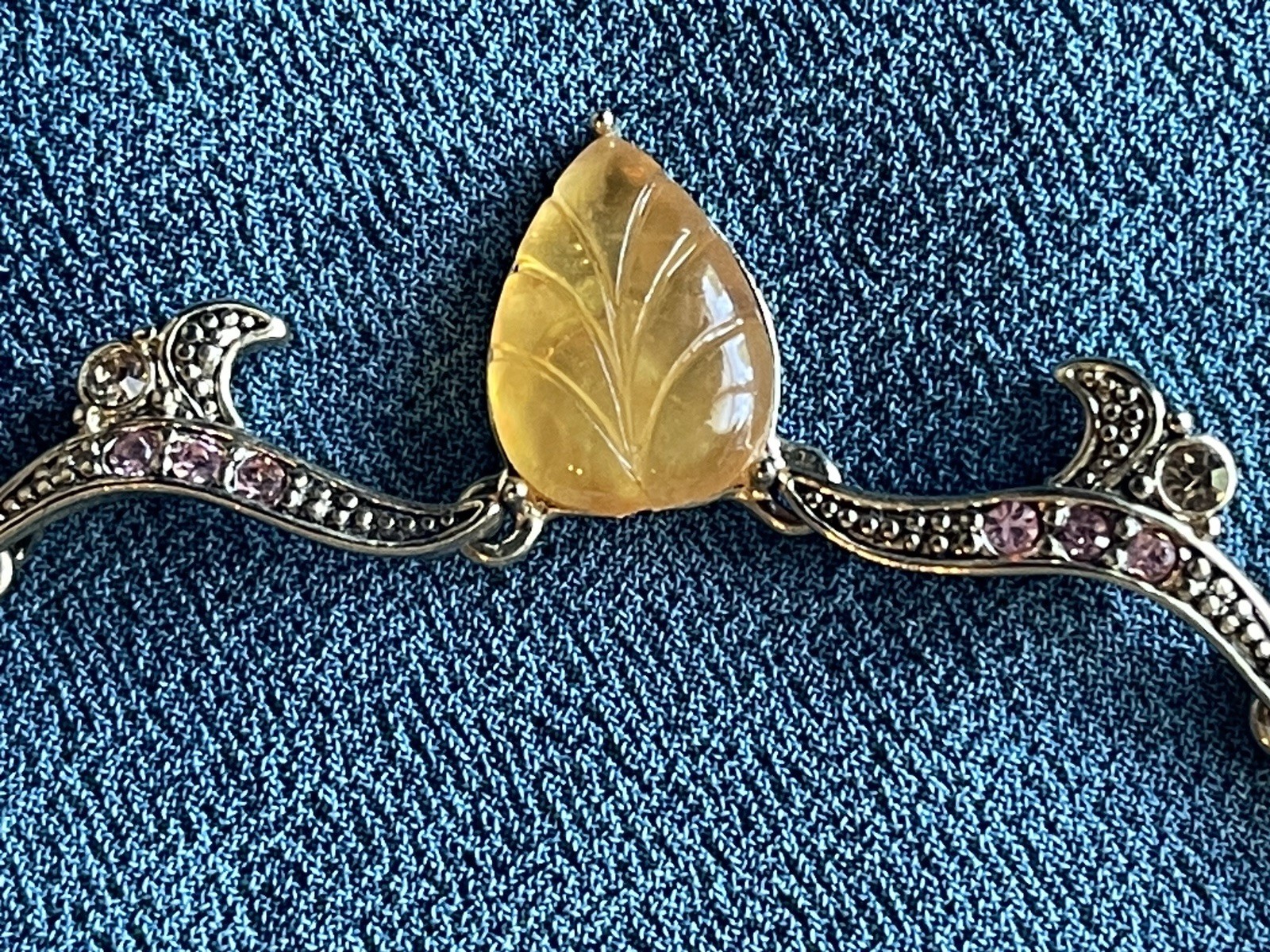 Vintage Opalescent Leaf Necklace Rhinestone Art Nouveau Style Amber Glass Dangle
