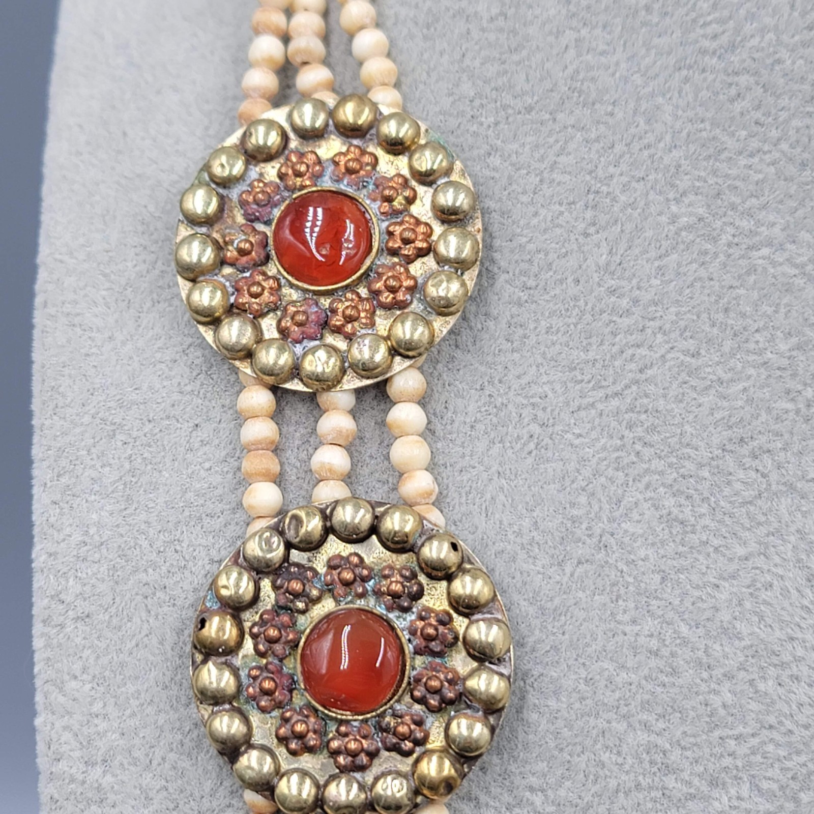 Vintage Ethnic African Bead Necklace Bovine Cow Bone Brass Carnelian Stone