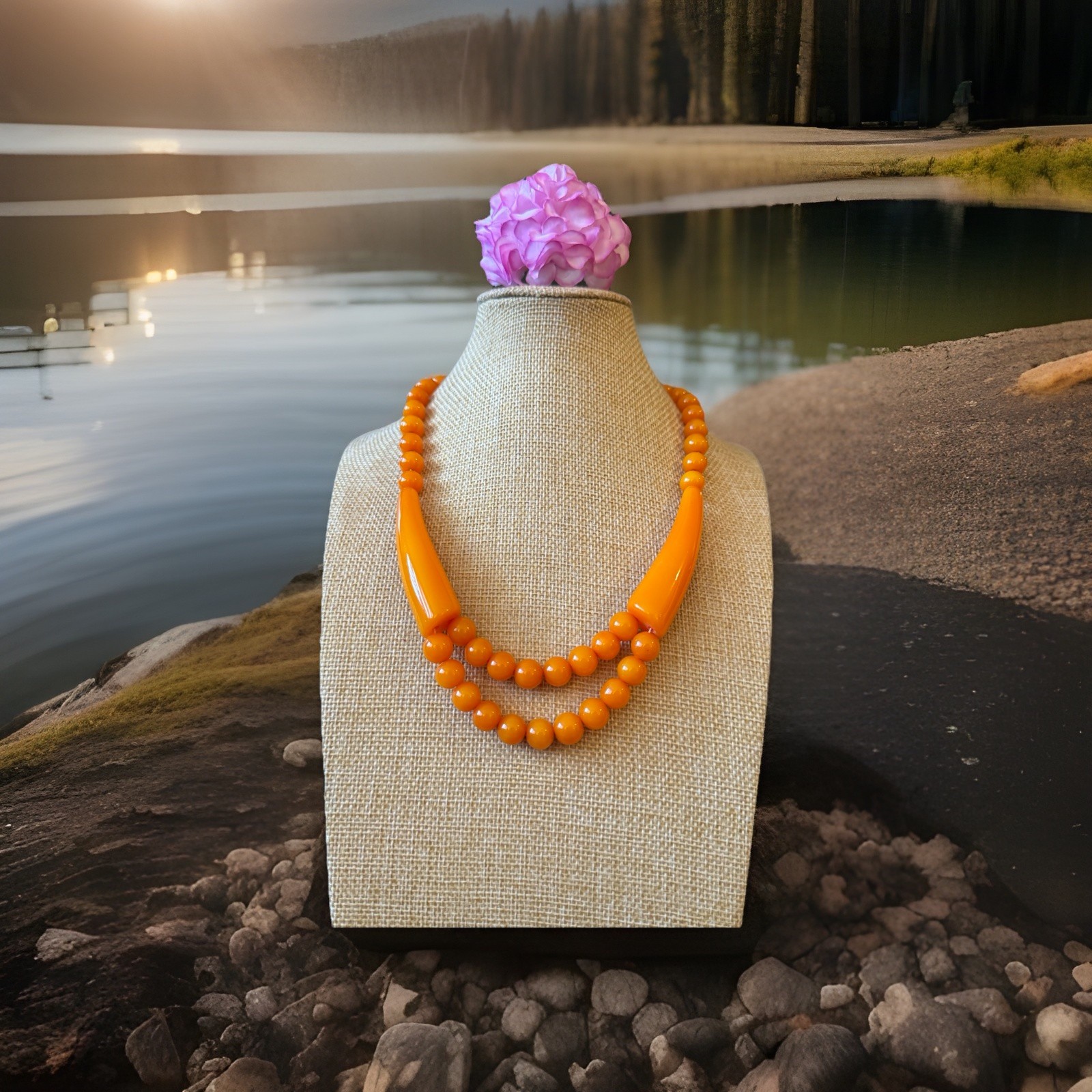 Vintage Style Unique Design Amber Resin Beads Handmade Necklace 19”in & 55grams