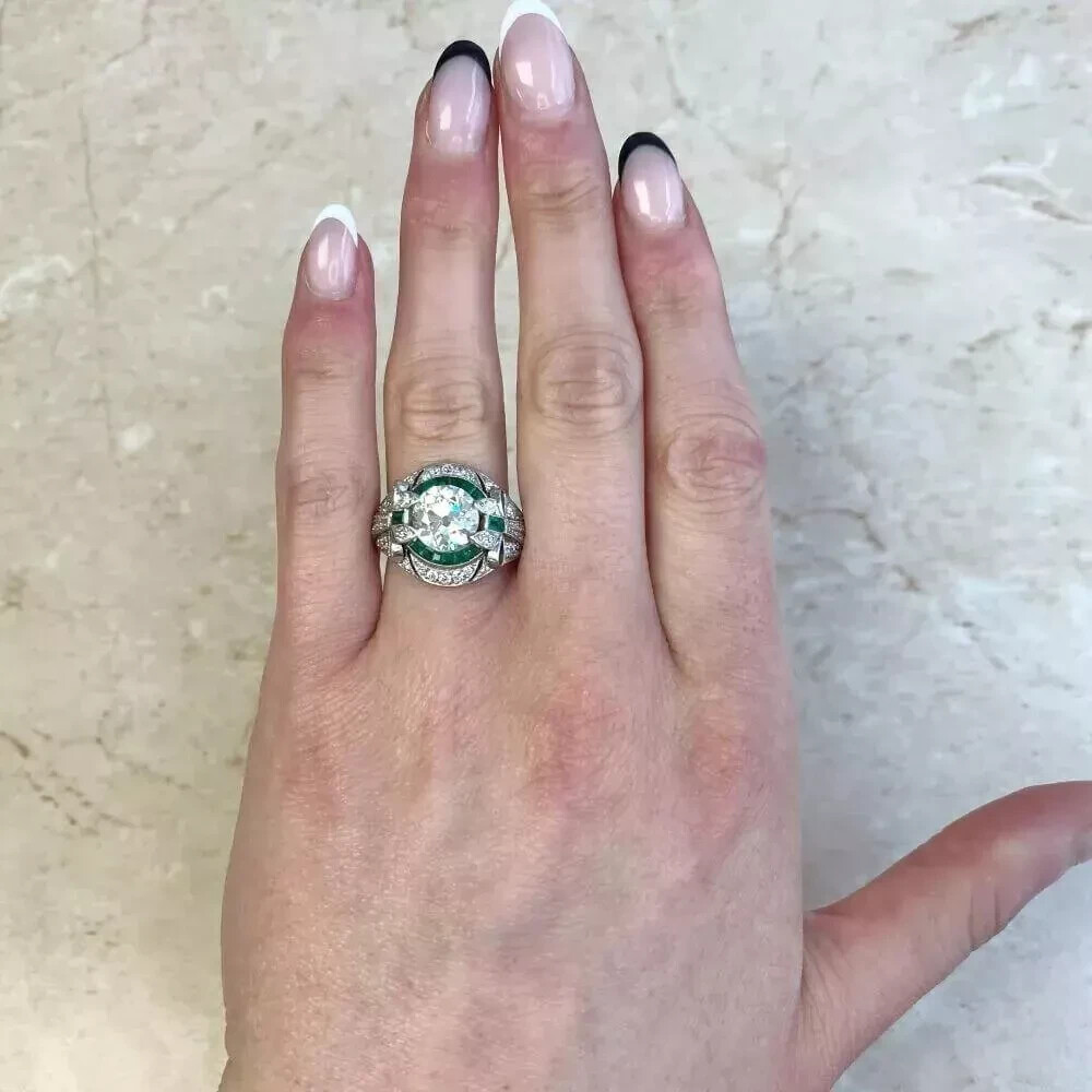 Art Deco Style Round Lab Created Diamond Emerald 14K White Gold FN Wedding Ring