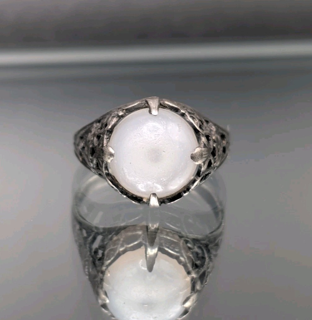(4) MAGICAL MOONLIGHT! Antique Arts & Crafts Ring STERLING Silver Opaline Glass