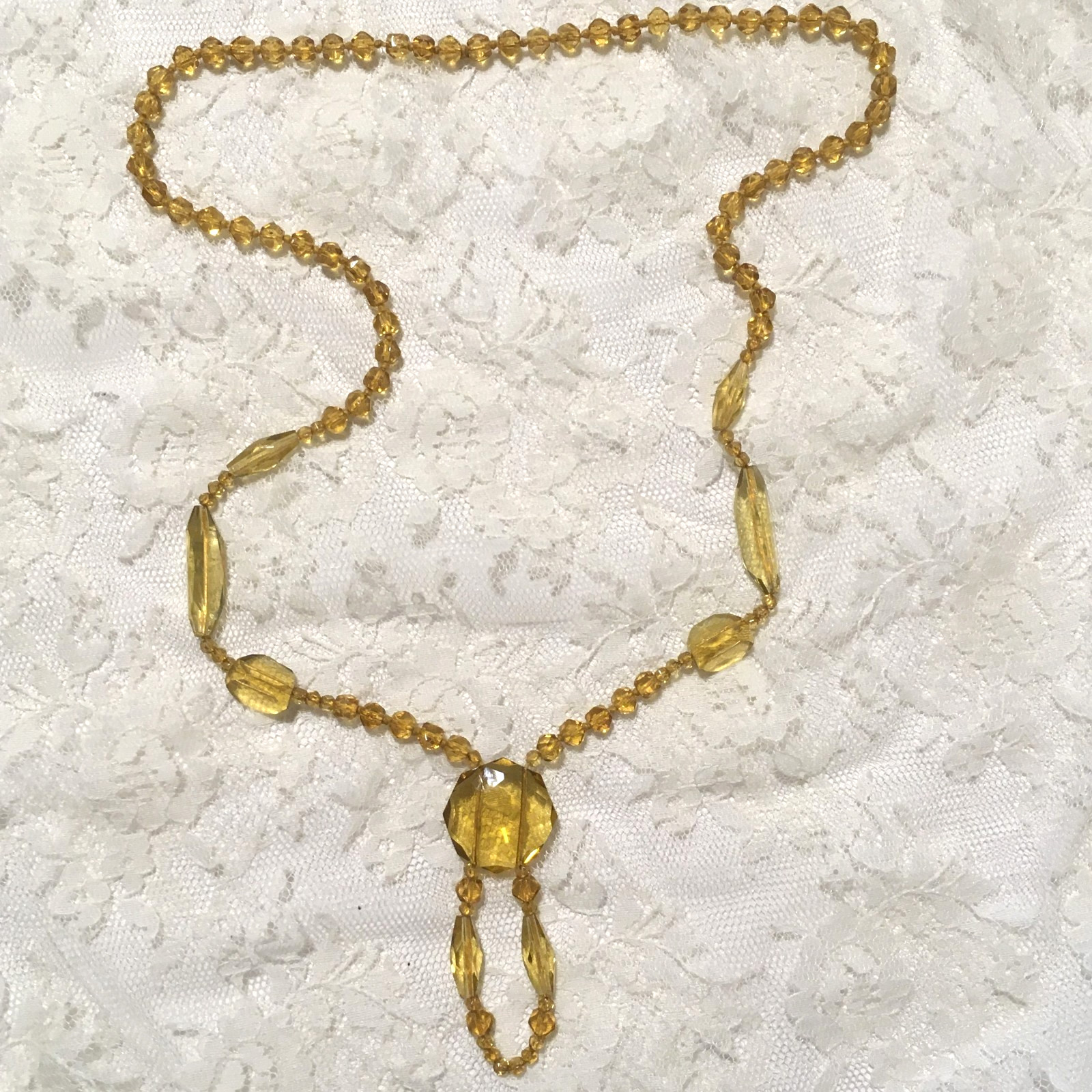 Vintage Art Deco Amber Glass Bead Necklace Faceted Beads Drop Pendant 26″L
