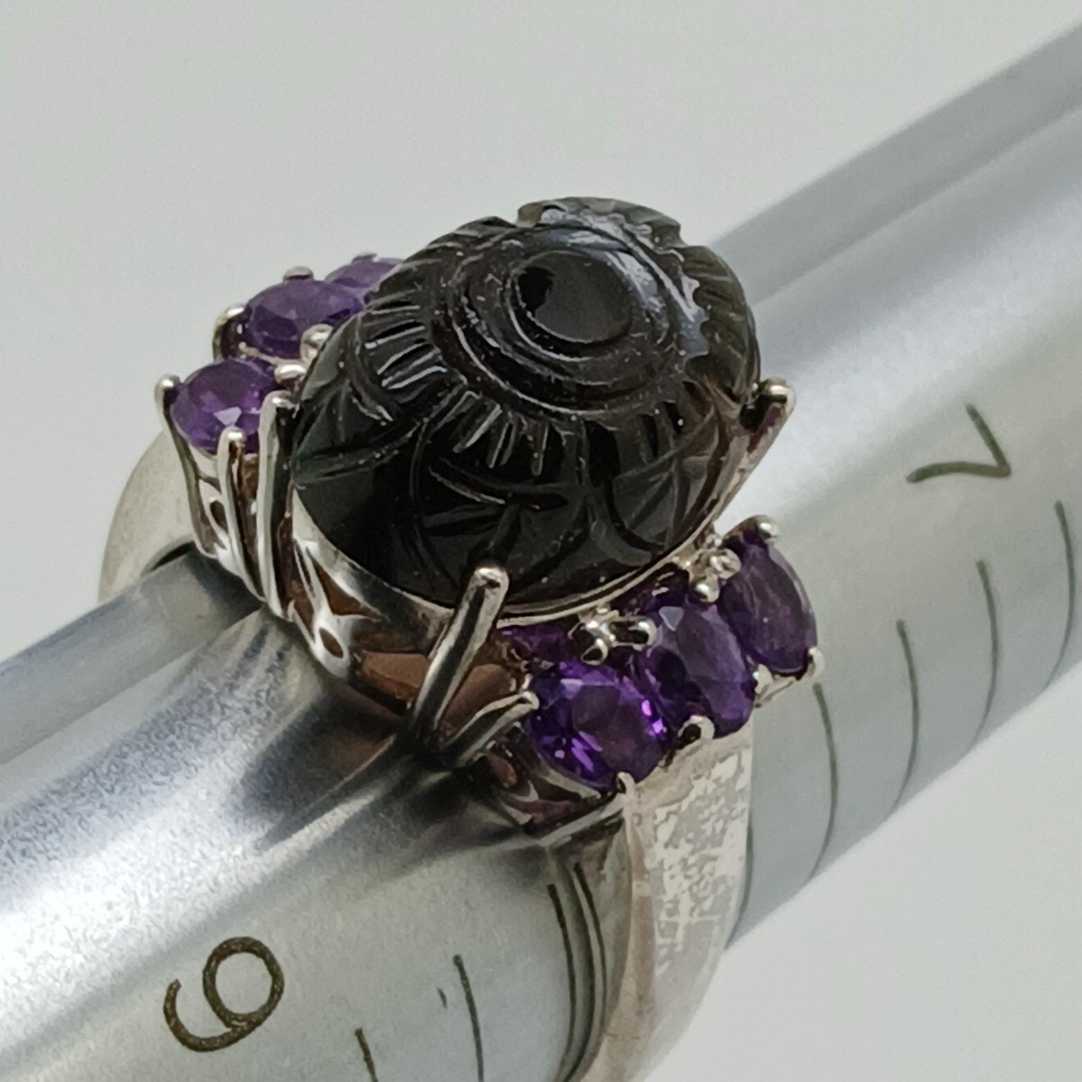 Vintage 1990s Thailand CBS 925 Sterling Silver Carved Onyx Amethyst Ring Size 8