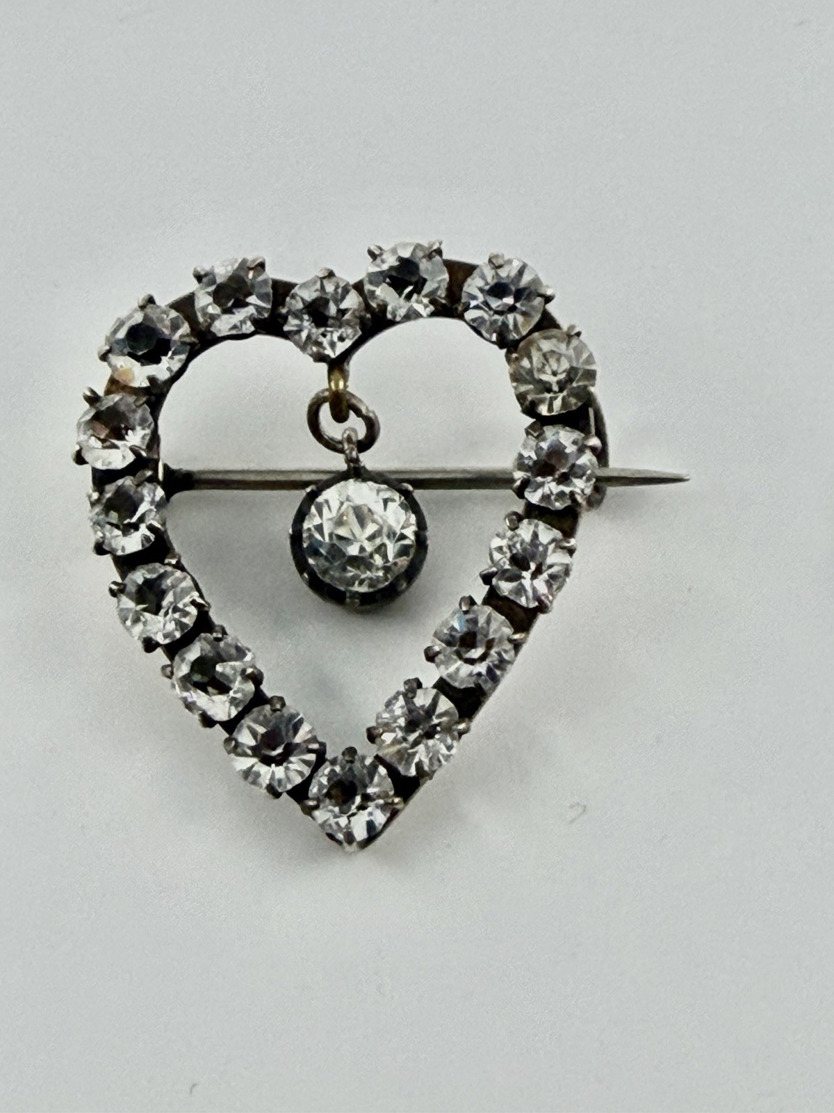 Antique Victorian Clear Paste Stones Heart Silver Brooch & Paste Dangle Center