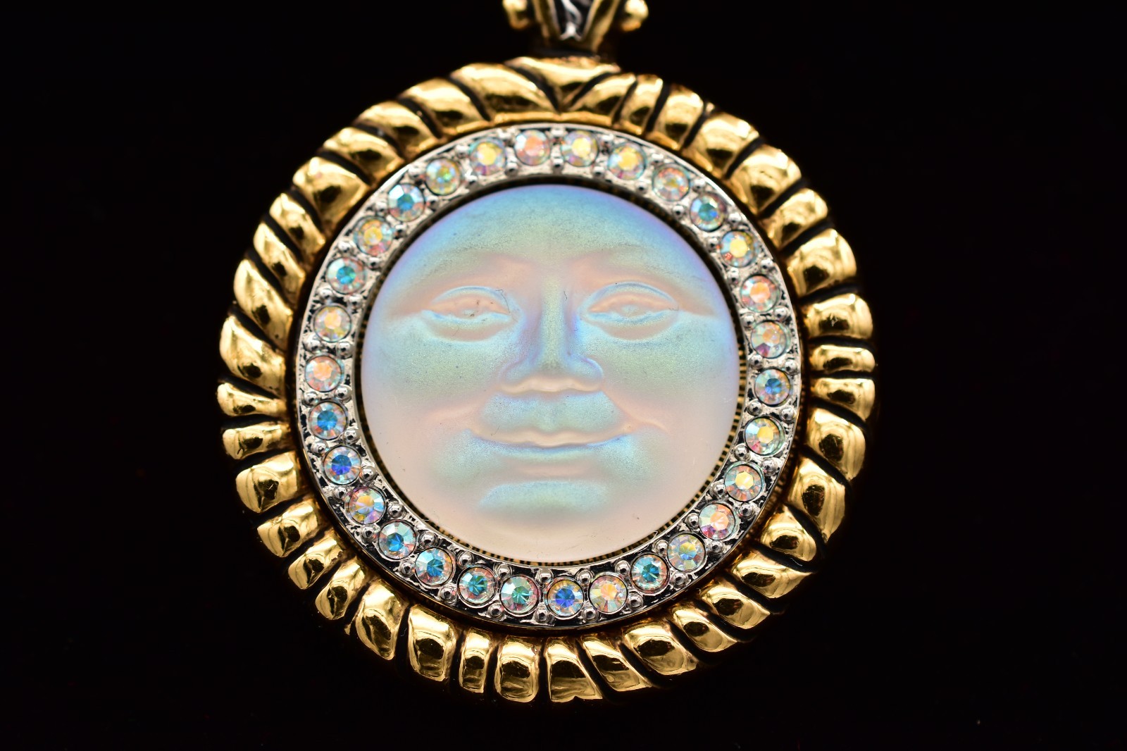 Vintage Kirks Folly Seaview Moon Face Pendant Necklace Gold AB Crystal 80s Bin3D