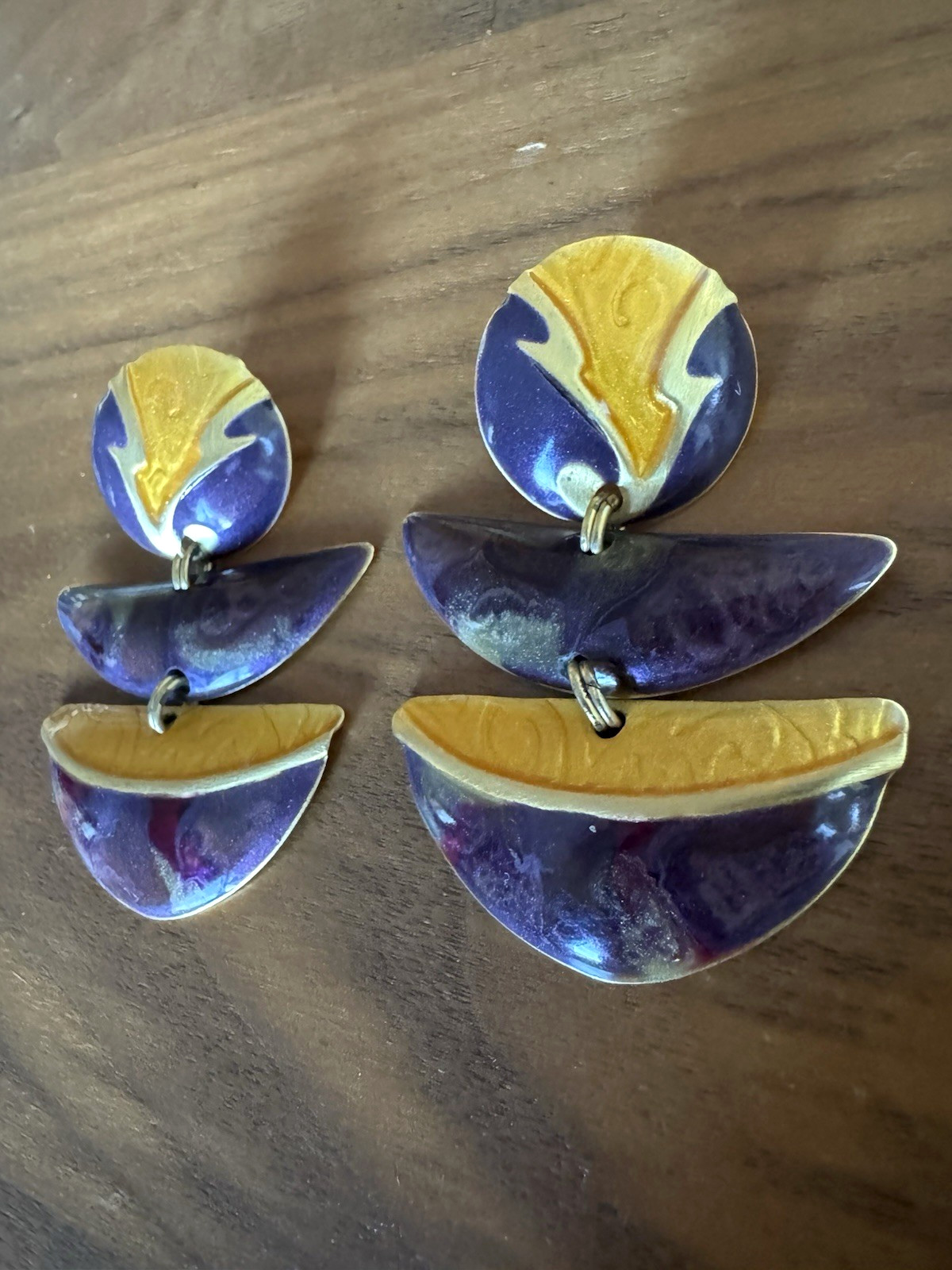 Edgar Berebi Enamel Dangle Earrings – Sculptural Modernist Gold Tone Vintage