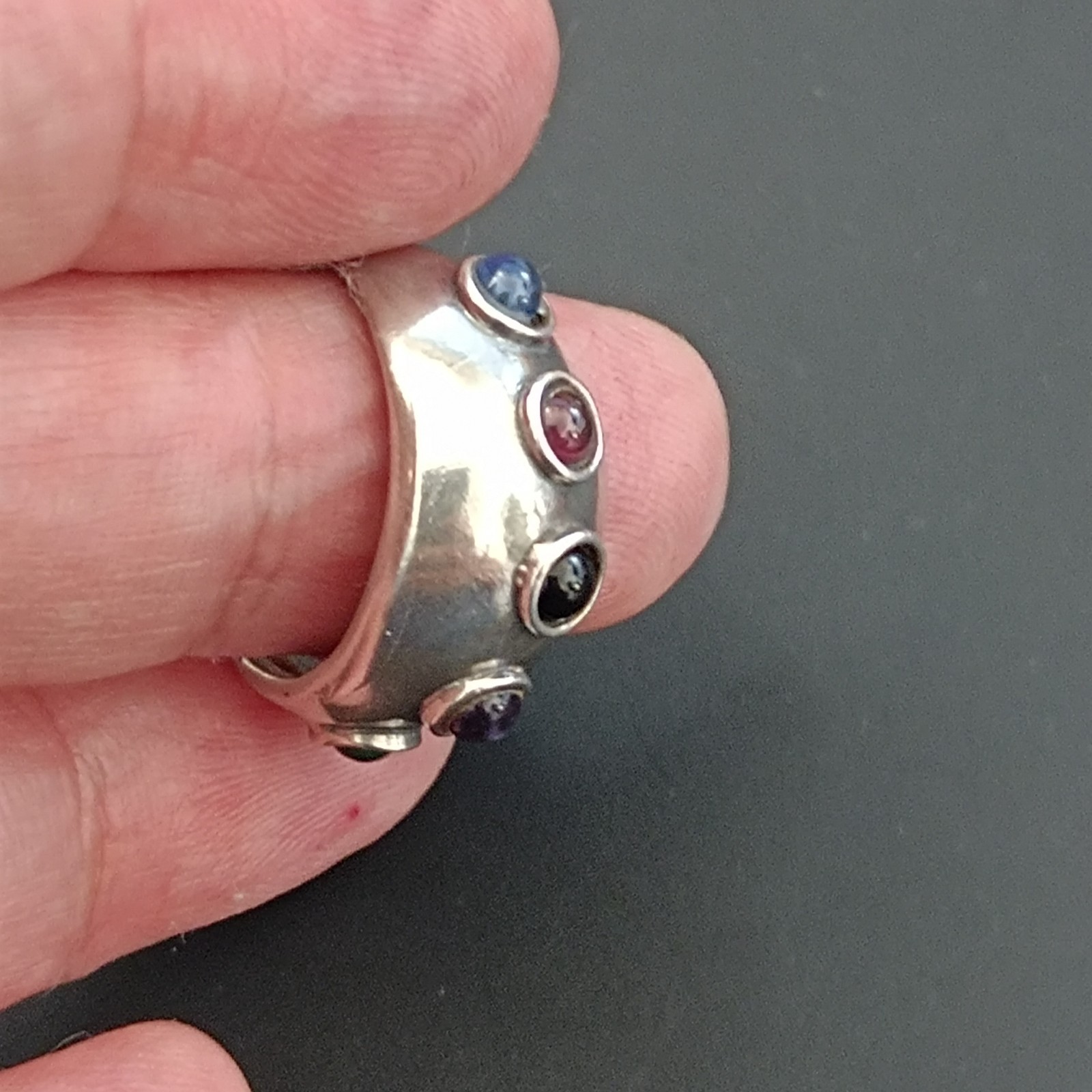 Modernist Gemstone Dome Ring Sterling Silver Cabochon Band Boho Israeli Artisan