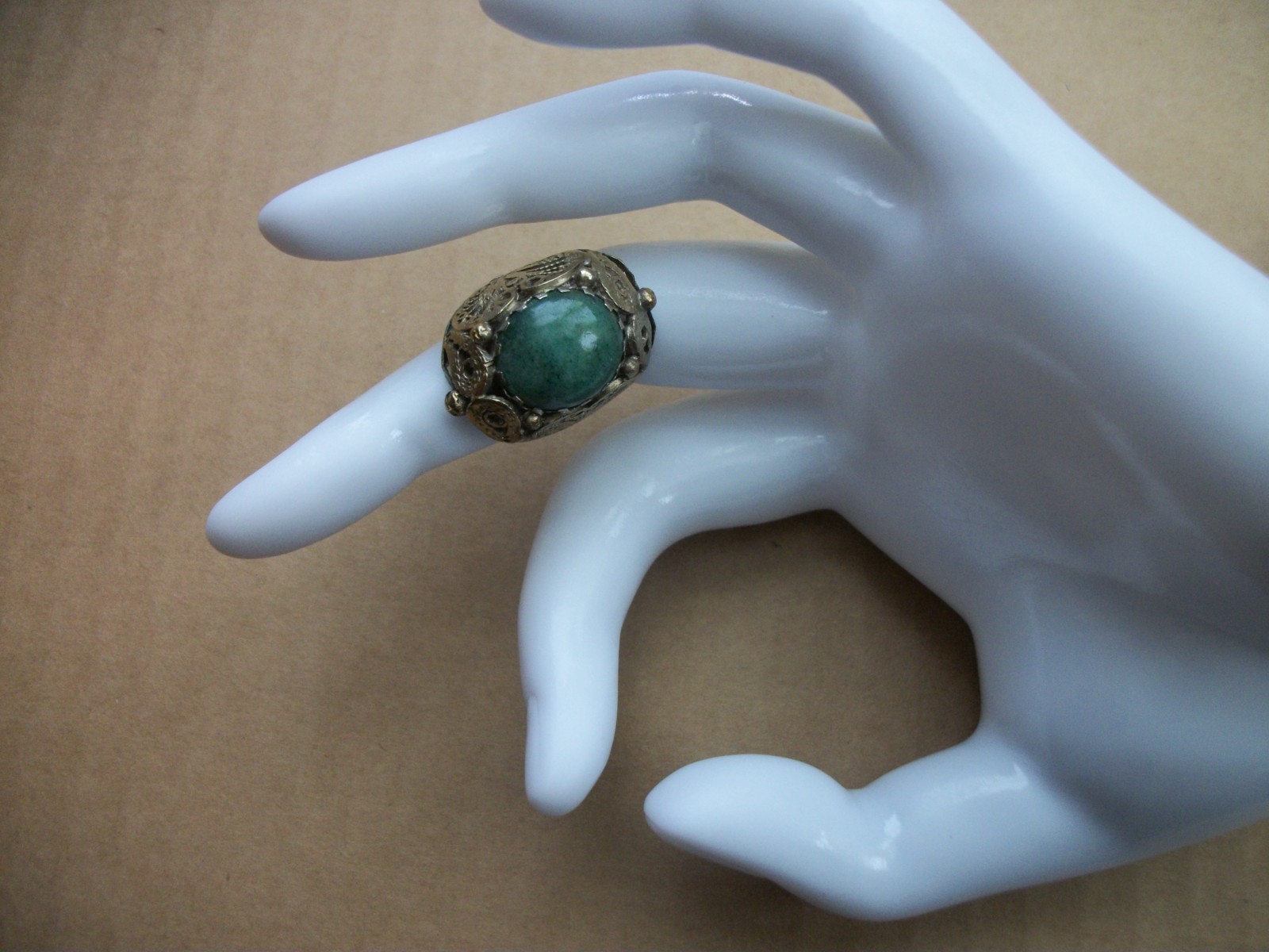 Vintage Gold-tone Green Cabochon Filigree Dome Ring Statement Piece
