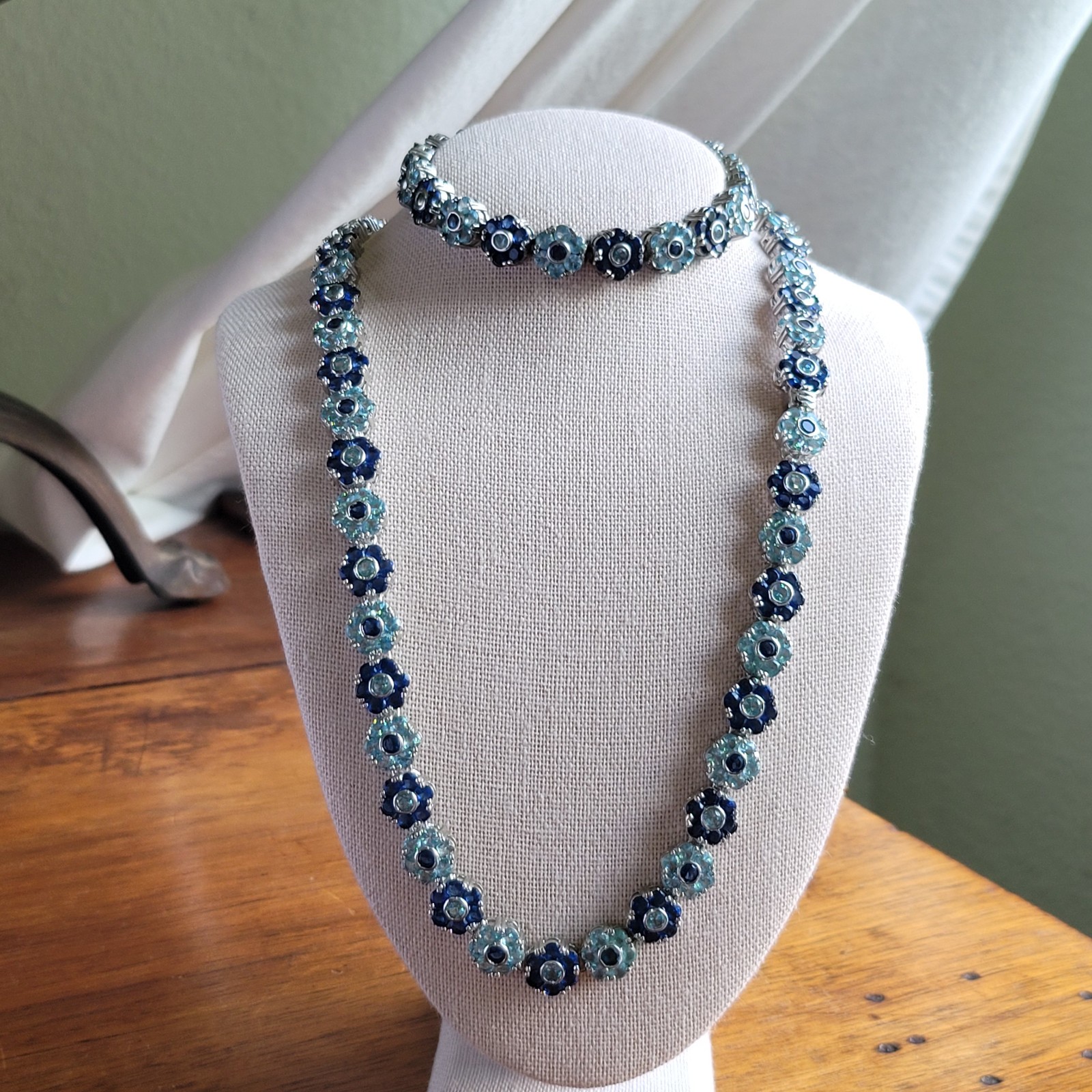 Silver Tone Blue Flower Necklace and Matching Bracelet Set Handmade