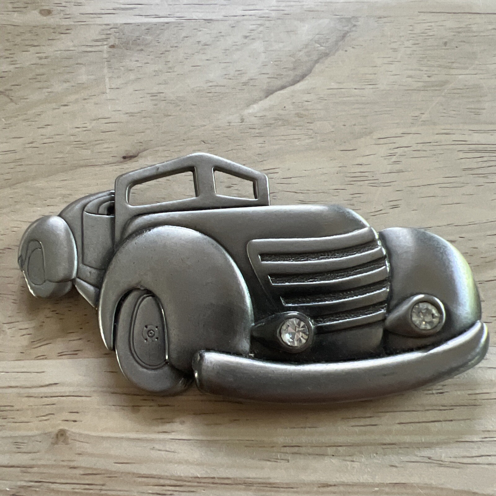 Vintage Convertible Car with Rhinestone Head Lights Silver Tone Metal Roadster