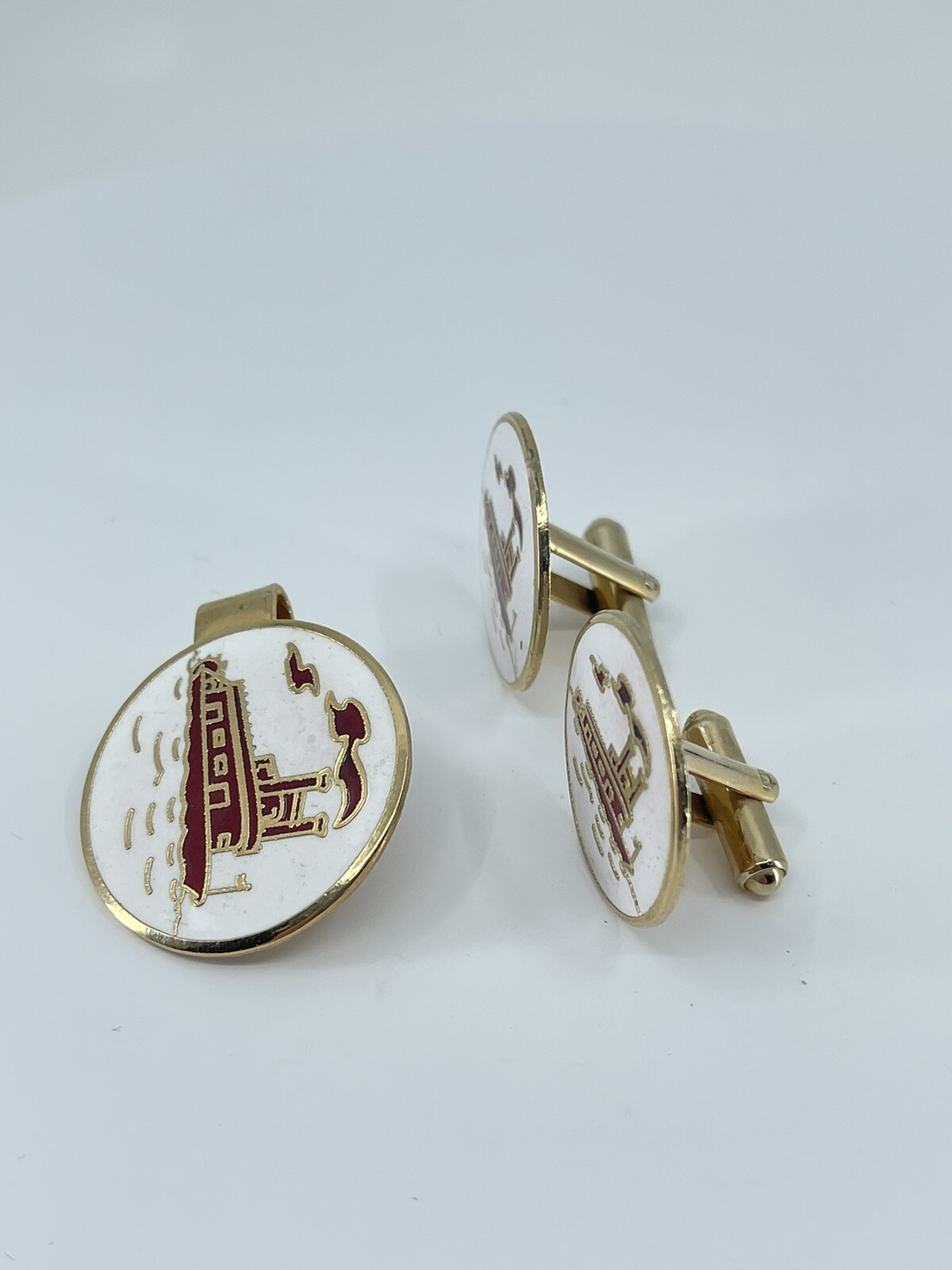 Mr Tara River boat cufflinks and tie clip set red gold white enamel 1″