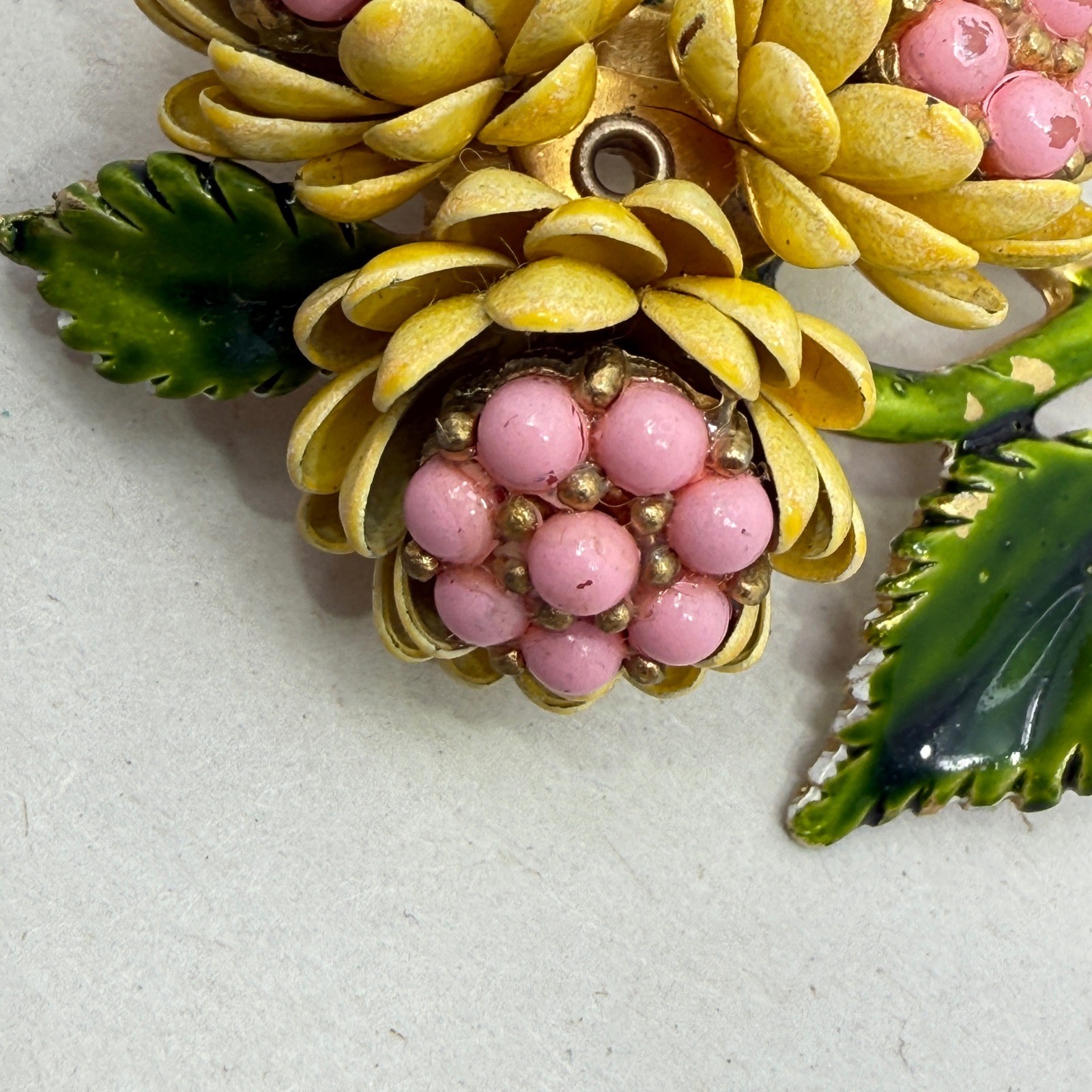 Vintage Enamel Flower Brooch Yellow Pink Green Floral Mid Century Botanical 3″