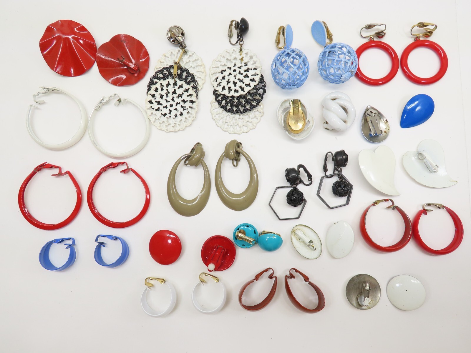 Vintage Earrings Enamel Clip On Lot Hoop Dangle + Minor Wear D2539