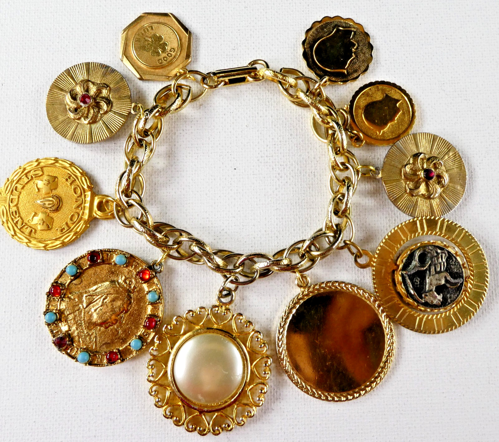 Vintage Heavy Charm Bracelet All Round Charms Gold Plated Engravable Good Luck