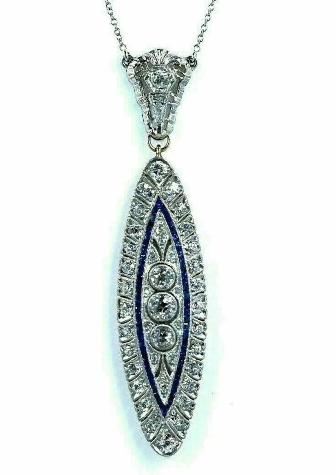 Art Deco Style Lab Created Diamond & Sapphire 14K White Gold FN Wedding Pendant
