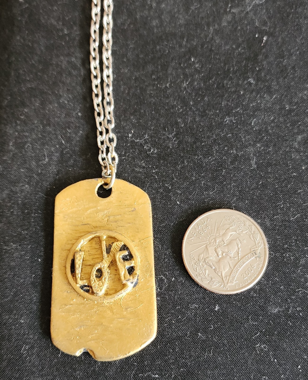 Vintage LOVE Dog Tag Pendant Necklace Pewter Painted in Gold Color