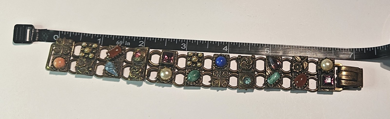 VINTAGE UN-SIGNED SELRO SELINI CHUNKY MULTI-STONE PANEL BRACELET