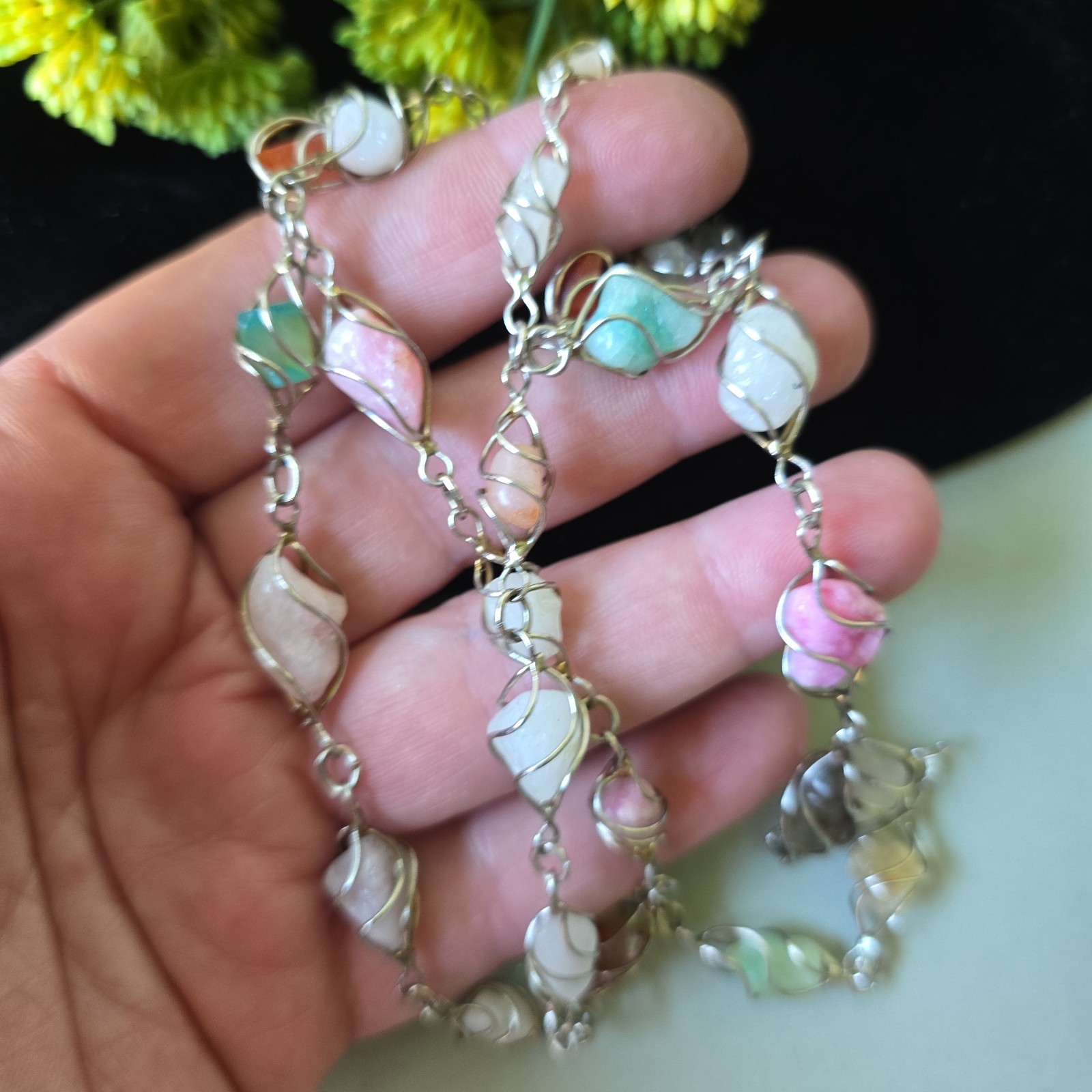Vintage Stainless Steel Wire Multi Color Quartz Beads Necklace Pull On 30″L